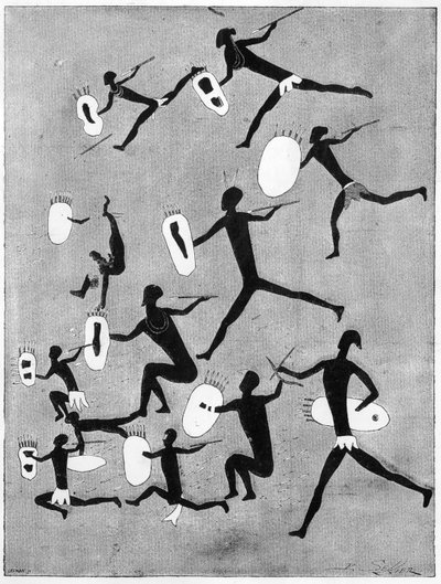 Bushmen attacking enemies with spears and arrows by Lefman